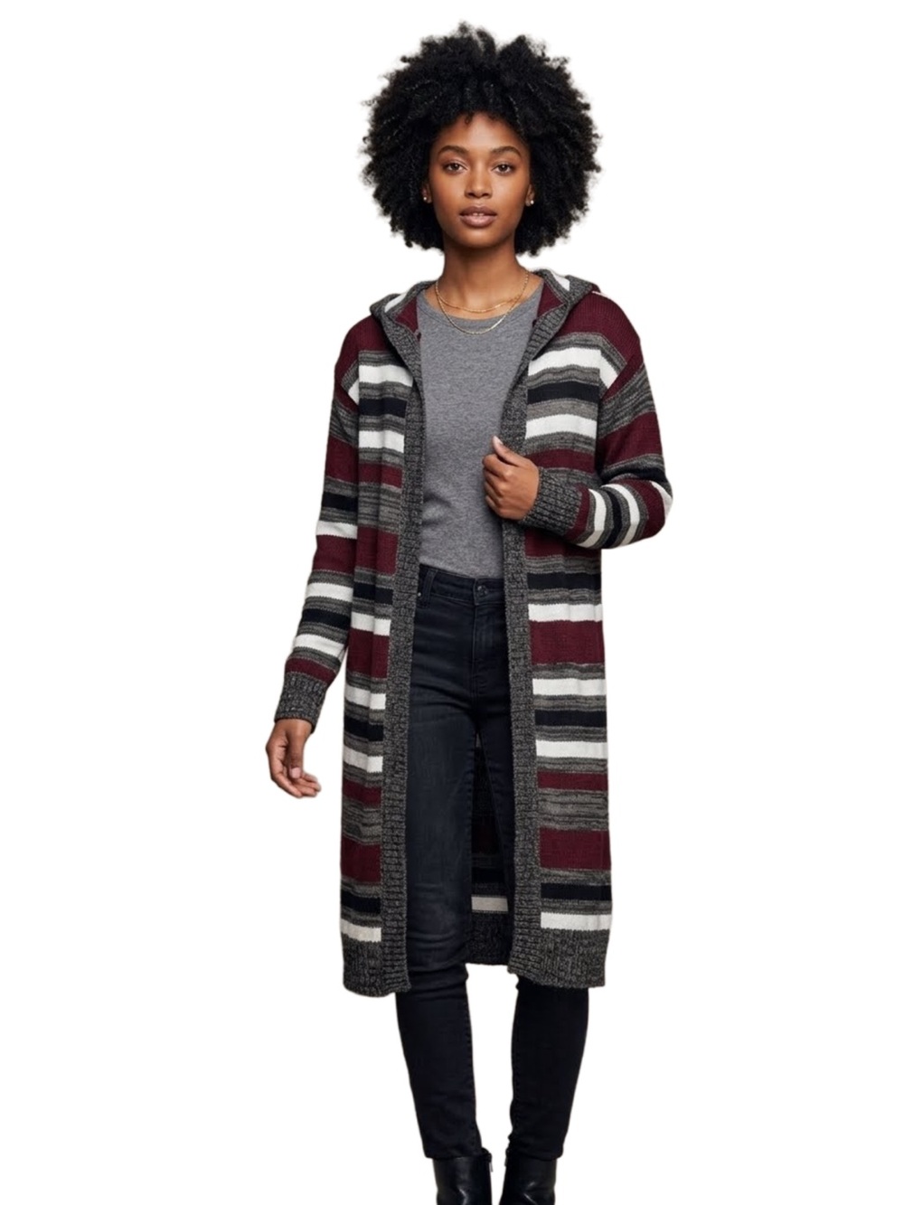 Evelyn Taylor Long Hooded Burgundy, Gray & White Striped Cardigan Sweater